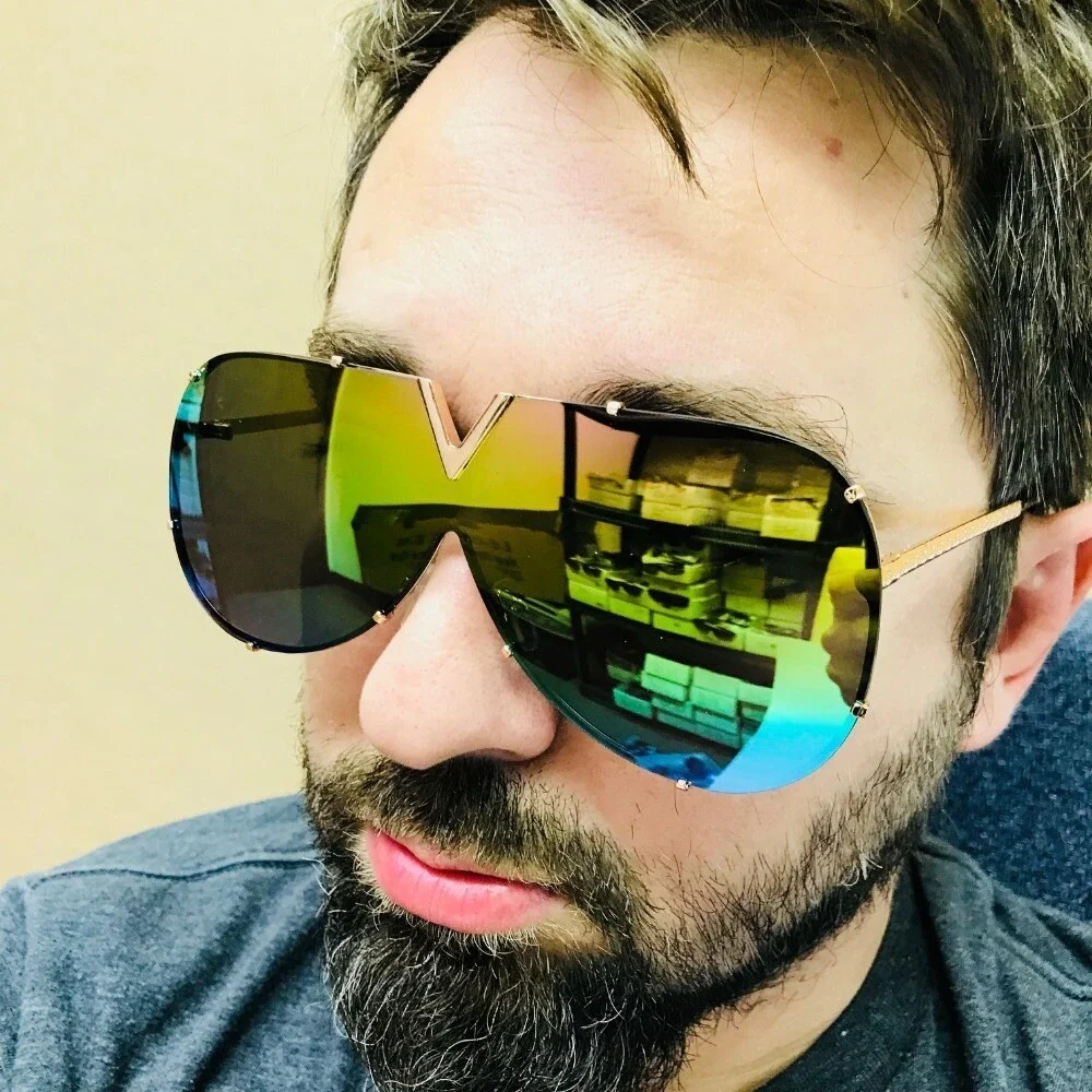 Sunglasses Rainbow Flat Lens V Shield Visor Gold Frame‎ Fashion Shades Oversized